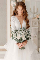 White A-Line Wedding Dresses Long Long Sleeves Tiered Chic V-Neck Long Bridal Gowns-Dbrbridal