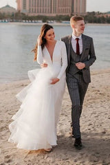 White A-Line Wedding Dresses Long Long Sleeves Tiered Chic V-Neck Long Bridal Gowns-Dbrbridal