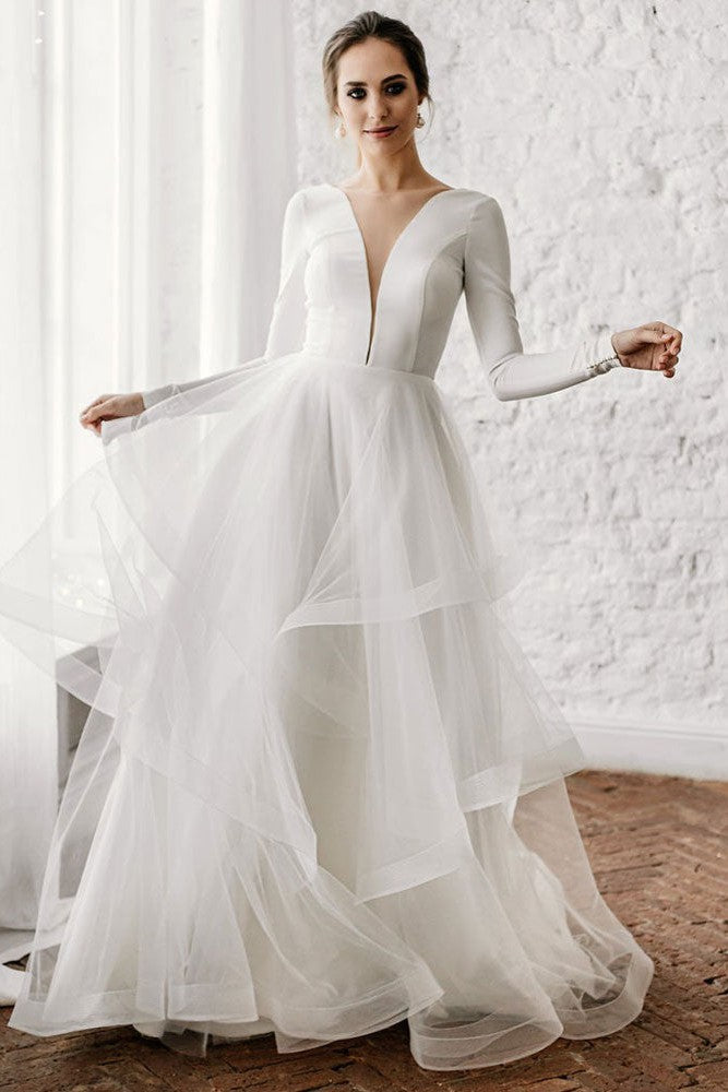 White A-line Wedding Dresses Long Long Sleeves Tiered V-Neck Floor Length Bridal Gowns Dbrbridal White A-line Wedding Dresses Long Long Sleeves Tiered V-Neck Floor Length Bridal Gowns Dbrbridal