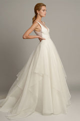 White A-Line Wedding Dresses With Train Sleeveless Sexy Backless Tiered Chic V-Neck Long Bridal Gowns-Dbrbridal