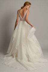 White A-Line Wedding Dresses With Train Sleeveless Sexy Backless Tiered Chic V-Neck Long Bridal Gowns-Dbrbridal