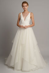 White A-Line Wedding Dresses With Train Sleeveless Sexy Backless Tiered Chic V-Neck Long Bridal Gowns-Dbrbridal