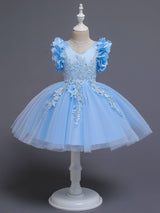 White A-Line Zipper V-Neck Sleeveless Tulle Flowers Kids Party Dresses-Dbrbridal