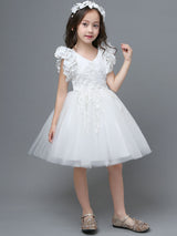 White A-Line Zipper V-Neck Sleeveless Tulle Flowers Kids Party Dresses-Dbrbridal