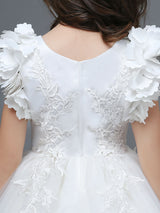 White A-Line Zipper V-Neck Sleeveless Tulle Flowers Kids Party Dresses-Dbrbridal