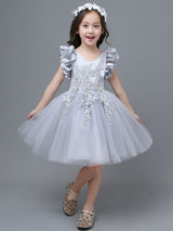 White A-Line Zipper V-Neck Sleeveless Tulle Flowers Kids Party Dresses-Dbrbridal