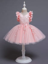 White A-Line Zipper V-Neck Sleeveless Tulle Flowers Kids Party Dresses-Dbrbridal