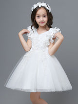 White A-Line Zipper V-Neck Sleeveless Tulle Flowers Kids Party Dresses-Dbrbridal