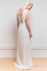 White Casual Wedding Dress A-Line Chic V-Neck Sleeveless Sexy Backless Buttons Satin Fabric Lace Long Bridal Gowns-Dbrbridal