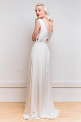 White Casual Wedding Dress A-Line Chic V-Neck Sleeveless Sexy Backless Buttons Satin Fabric Lace Long Bridal Gowns-Dbrbridal