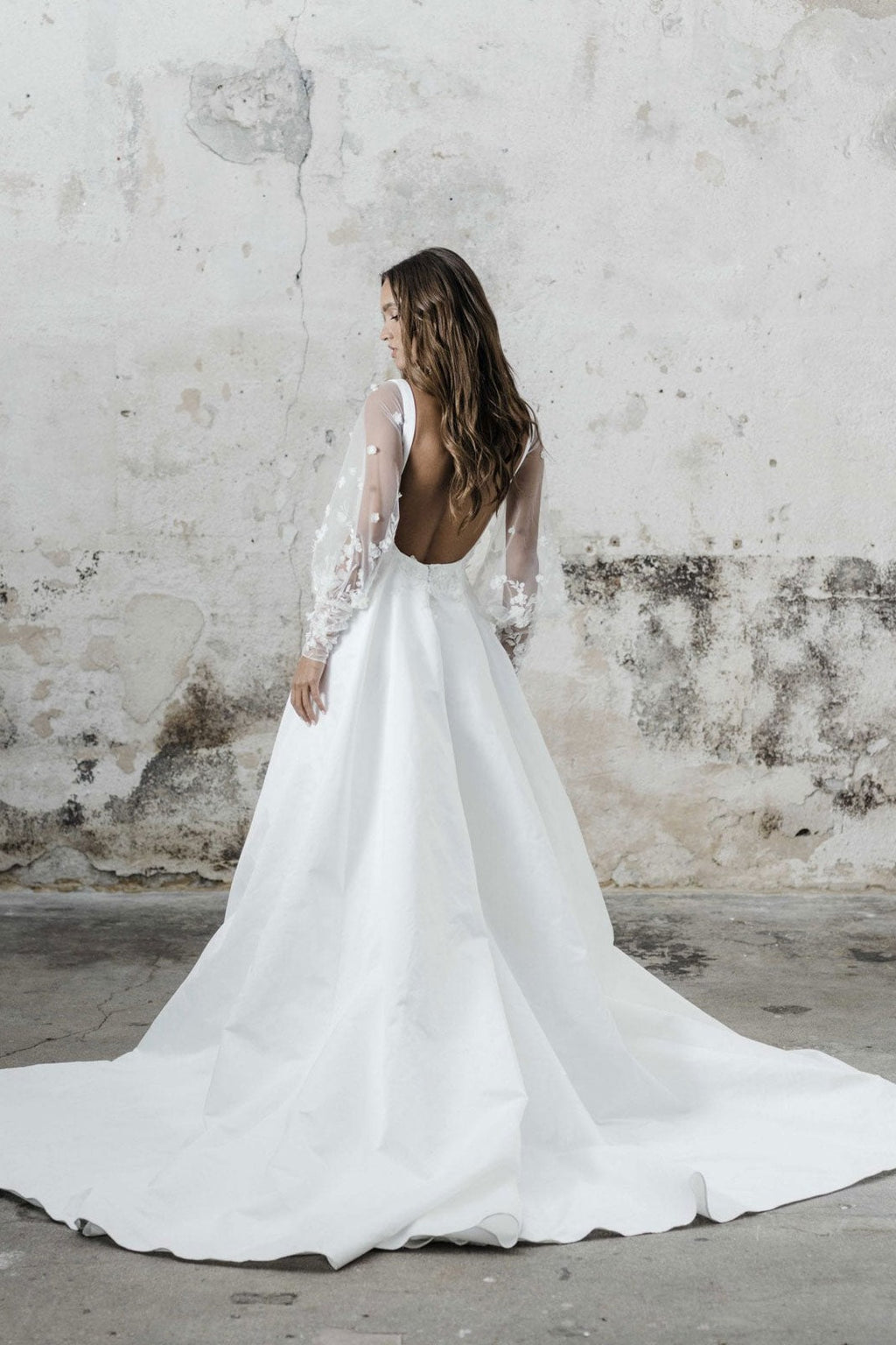 White Casual Wedding Dress A-Line Square Neck Long Sleeves Backless Applique Cut-Outs Split Front Long Bridal Gowns – Dbrbridal