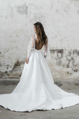 White Casual Wedding Dress A-Line Square Neck Long Sleeves Sexy Backless Applique Cut-Outs Split Front Long Bridal Gowns-Dbrbridal