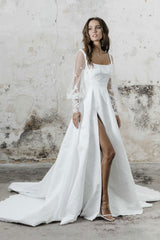 White Casual Wedding Dress A-Line Square Neck Long Sleeves Sexy Backless Applique Cut-Outs Split Front Long Bridal Gowns-Dbrbridal