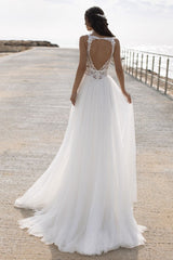 White Casual Wedding Dress Chic V-Neck Sleeveless Sexy Backless Lace Chiffon A-Line Long Bridal Gowns-Dbrbridal