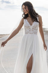 White Casual Wedding Dress Chic V-Neck Sleeveless Sexy Backless Lace Chiffon A-Line Long Bridal Gowns-Dbrbridal
