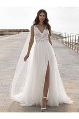 White Casual Wedding Dress Chic V-Neck Sleeveless Sexy Backless Lace Chiffon A-Line Long Bridal Gowns-Dbrbridal