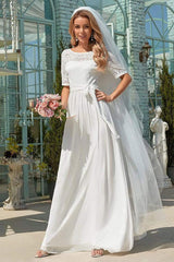 White Casual Wedding Dress Chiffon Jewel Neck Short Sleeves Sash A-Line Long Bridal Gowns-Dbrbridal