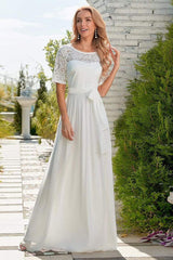 White Casual Wedding Dress Chiffon Jewel Neck Short Sleeves Sash A-Line Long Bridal Gowns-Dbrbridal