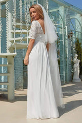White Casual Wedding Dress Chiffon Jewel Neck Short Sleeves Sash A-Line Long Bridal Gowns-Dbrbridal