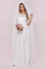 White Casual Wedding Dress Chiffon Jewel Neck Short Sleeves Sash A-Line Long Bridal Gowns-Dbrbridal