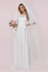 White Casual Wedding Dress Chiffon Jewel Neck Short Sleeves Sash A-Line Long Bridal Gowns-Dbrbridal