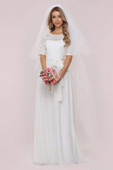 White Casual Wedding Dress Chiffon Jewel Neck Short Sleeves Sash A-Line Long Bridal Gowns-Dbrbridal