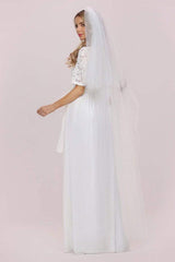 White Casual Wedding Dress Chiffon Jewel Neck Short Sleeves Sash A-Line Long Bridal Gowns-Dbrbridal