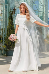 White Casual Wedding Dress Chiffon Jewel Neck Short Sleeves Sash A-Line Long Bridal Gowns-Dbrbridal