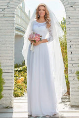 White Casual Wedding Dress Lace Jewel Neck Lace Chiffon Half Sleeves A-Line Bridal Gowns-Dbrbridal