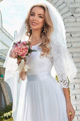 White Casual Wedding Dress Lace Jewel Neck Lace Chiffon Half Sleeves A-Line Bridal Gowns-Dbrbridal