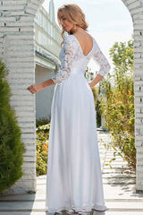 White Casual Wedding Dress Lace Jewel Neck Lace Chiffon Half Sleeves A-Line Bridal Gowns-Dbrbridal