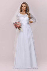 White Casual Wedding Dress Lace Jewel Neck Lace Chiffon Half Sleeves A-Line Bridal Gowns-Dbrbridal
