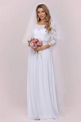 White Casual Wedding Dress Lace Jewel Neck Lace Chiffon Half Sleeves A-Line Bridal Gowns-Dbrbridal