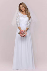 White Casual Wedding Dress Lace Jewel Neck Lace Chiffon Half Sleeves A-Line Bridal Gowns-Dbrbridal