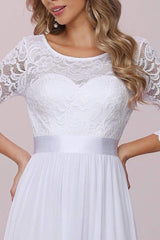 White Casual Wedding Dress Lace Jewel Neck Lace Chiffon Half Sleeves A-Line Bridal Gowns-Dbrbridal