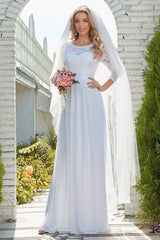 White Casual Wedding Dress Lace Jewel Neck Lace Chiffon Half Sleeves A-Line Bridal Gowns-Dbrbridal