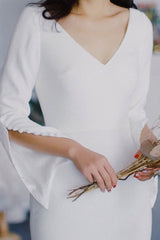 White Casual Wedding Dress Satin Fabric Chic V-Neck Long Sleeves Buttons Mermaid Bridal Gowns-Dbrbridal