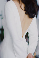 White Casual Wedding Dress Satin Fabric Chic V-Neck Long Sleeves Buttons Mermaid Bridal Gowns-Dbrbridal