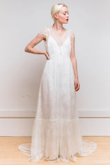 White Casual Wedding Dress Satin Fabric Chic V-Neck Short Sleeves Sexy Backless A-Line Long Bridal Gowns-Dbrbridal