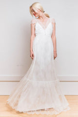 White Casual Wedding Dress Satin Fabric Chic V-Neck Short Sleeves Sexy Backless A-Line Long Bridal Gowns-Dbrbridal