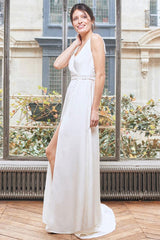 White Casual Wedding Dress Satin Fabric Chic V-Neck Sleeveless Buttons Split A-Line Long Bridal Gowns-Dbrbridal
