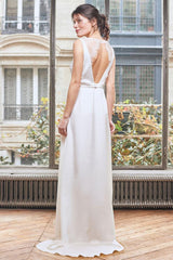 White Casual Wedding Dress Satin Fabric Chic V-Neck Sleeveless Buttons Split A-Line Long Bridal Gowns-Dbrbridal