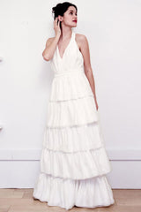 White Casual Wedding Dress Satin Fabric Chic V-Neck Sleeveless Ruffles A-Line Long Chiffon Bridal Gowns-Dbrbridal