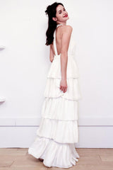 White Casual Wedding Dress Satin Fabric Chic V-Neck Sleeveless Ruffles A-Line Long Chiffon Bridal Gowns-Dbrbridal