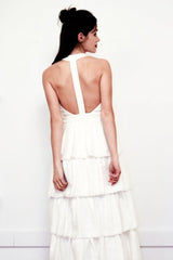 White Casual Wedding Dress Satin Fabric Chic V-Neck Sleeveless Ruffles A-Line Long Chiffon Bridal Gowns-Dbrbridal