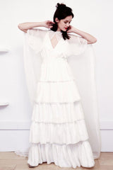 White Casual Wedding Dress Satin Fabric Chic V-Neck Sleeveless Ruffles A-Line Long Chiffon Bridal Gowns-Dbrbridal