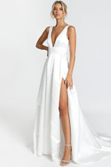 White Casual Wedding Dress Satin Fabric Chic V-Neck Sleeveless Sexy Backless A-Line Bridal Gowns-Dbrbridal