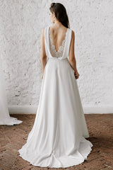 White Casual Wedding Dress With Train Chic V-Neck Sleeveless Sexy Backless Lace A-Line Chiffon Bridal Gowns-Dbrbridal
