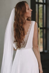 White Casual Wedding Dress With Train Chic V-Neck Sleeveless Sexy Backless Lace A-Line Chiffon Bridal Gowns-Dbrbridal
