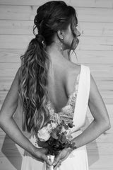 White Casual Wedding Dress With Train Chic V-Neck Sleeveless Sexy Backless Lace A-Line Chiffon Bridal Gowns-Dbrbridal